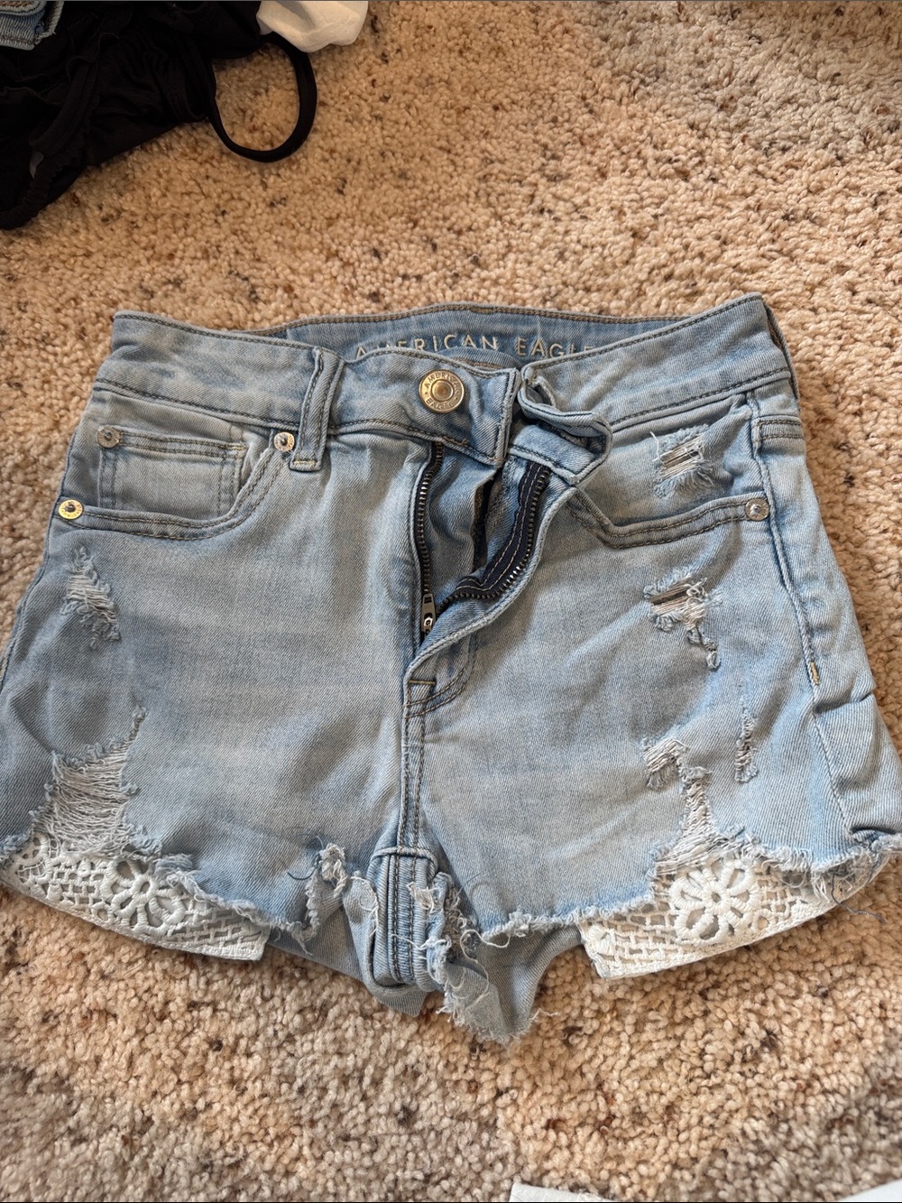American Eagle Outfitters Light Blue Distressed Denim Shorts with Crochet Hem
